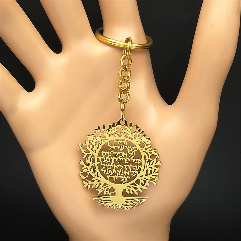 Tree of Life Hebrew Pendant Key Chain for Women Men Stainless Steel Gold Color Israel Jewish Hollow Drop Key Ring Amulet Jewelry