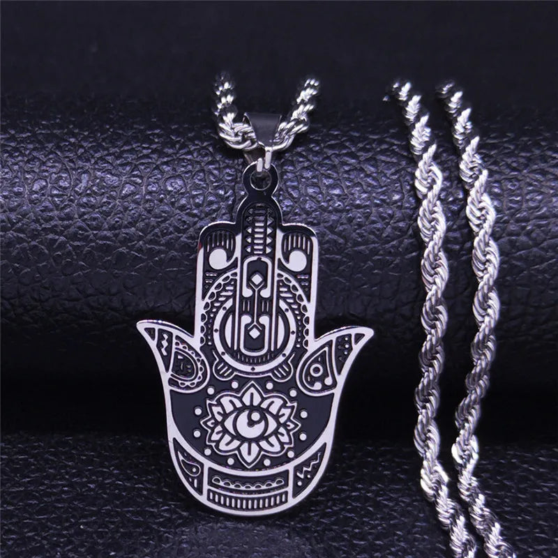 2024 New fashion ancient Fatima Hands Yoga pendant necklace temperament everything with stainless steel collarbone chain for men