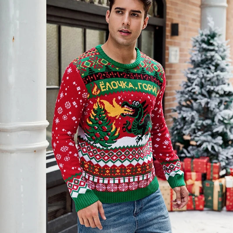 2025 Winter Christmas Men's Knitted Sweater Cartoon Print Full Sleeve O Neck Warm Soft Knitwear Adults Jumper Xmas Look Pullover