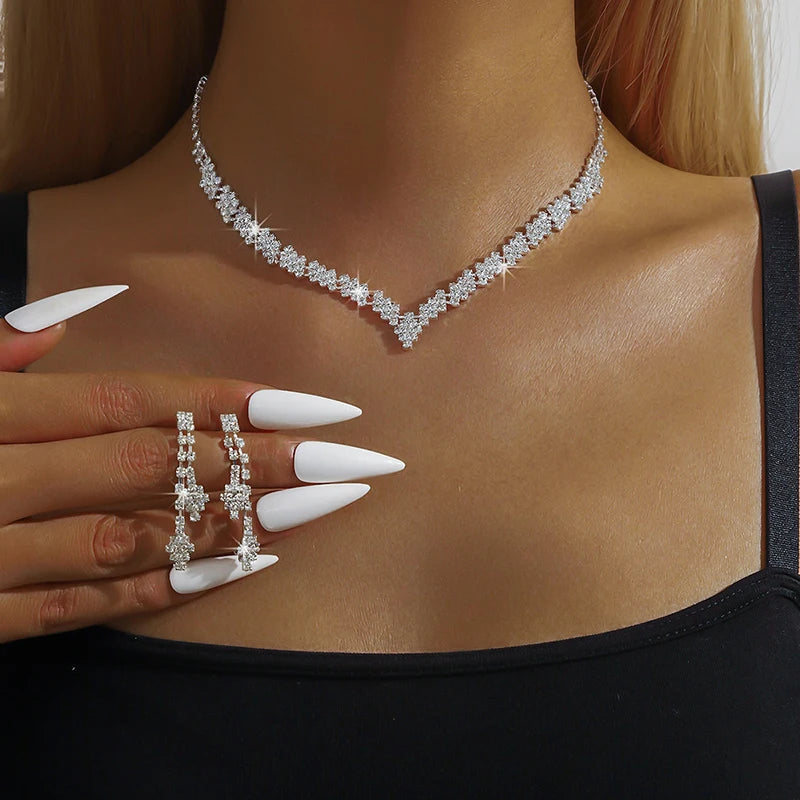 1Set Geometric Rhinestone Necklace Earrings Bracelet Kit Wedding Bride Jewelry Set Simple Tassel Sparkling Jewelry Set Gifts