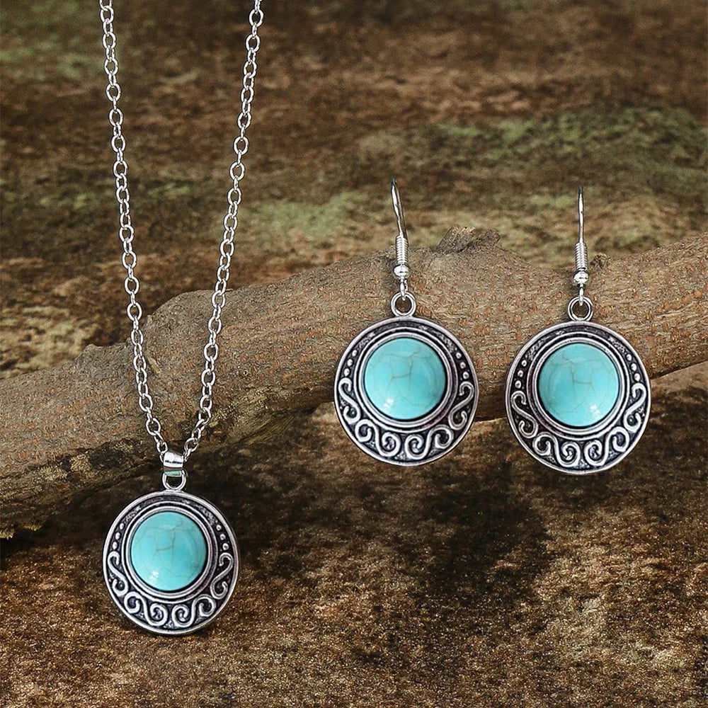 Vintage national imitation Turquoise women's earring necklace set antique silver plated alloy green earring necklace