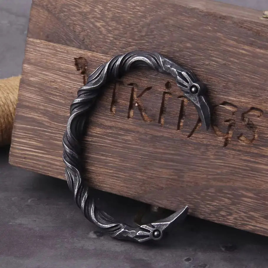 Stainless Steel Nordic Viking Norse Raven Bracelet Men Wristband Cuff Bracelets with viking wooden box