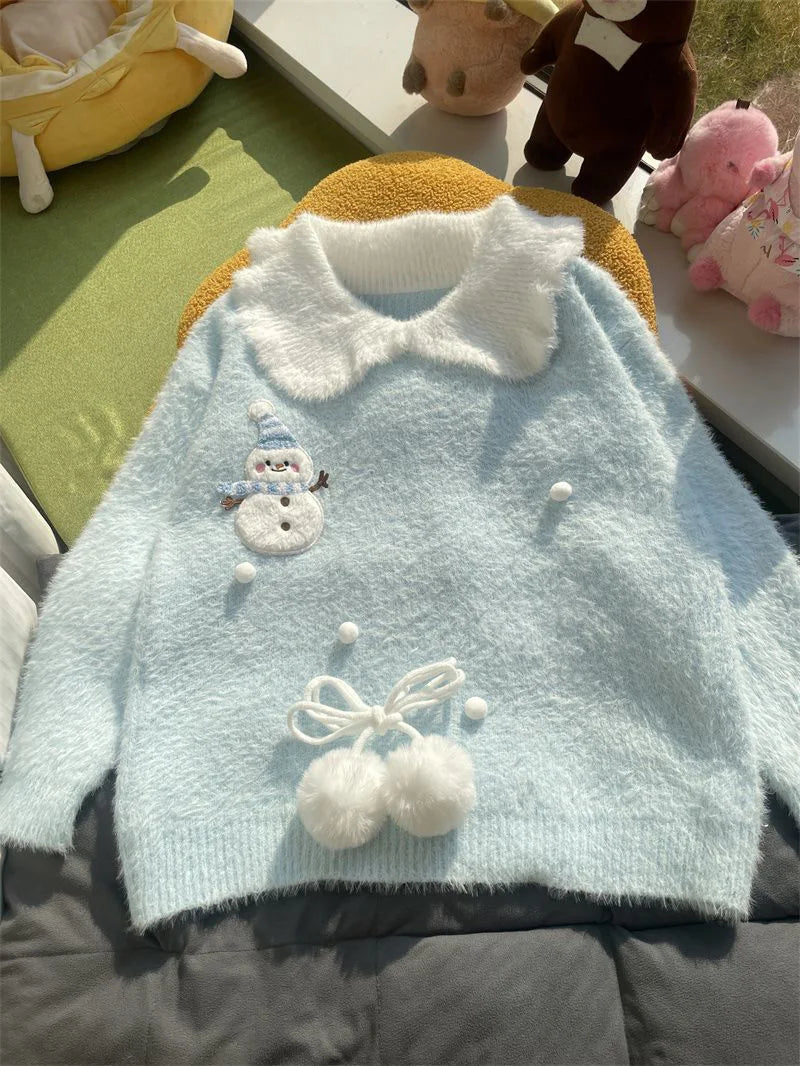 Sweet Faux Mink Cashmere Sweaters Women Kawaii Snowmen Long Sleeve Knitted Pullover Casual Cute Preppy Style Chic Loose Jumpers