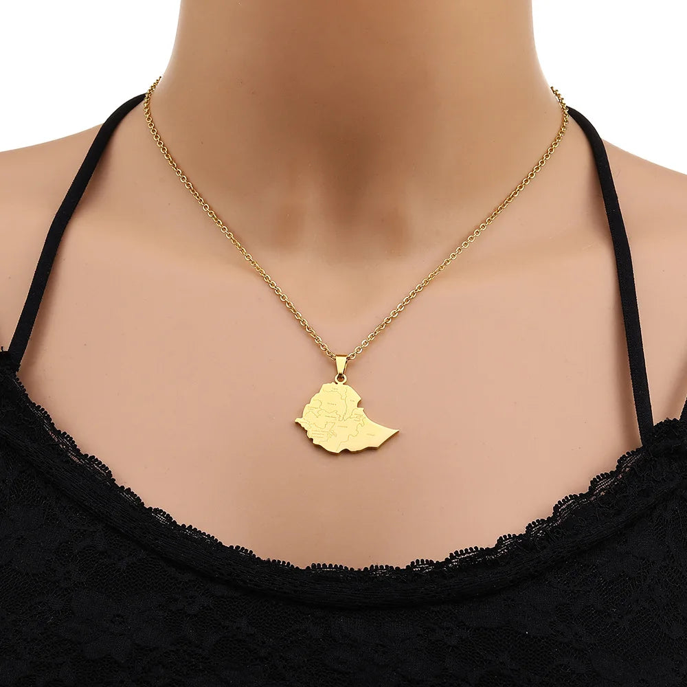 2024 New fashion stainless steel Ethiopia map with city necklace for women and men couples ethnic style accessory collarbone cha