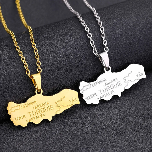 2024 New fashion stainless steel Turkish map necklace for women and men couples ethnic style accessory collarbone chain annivers