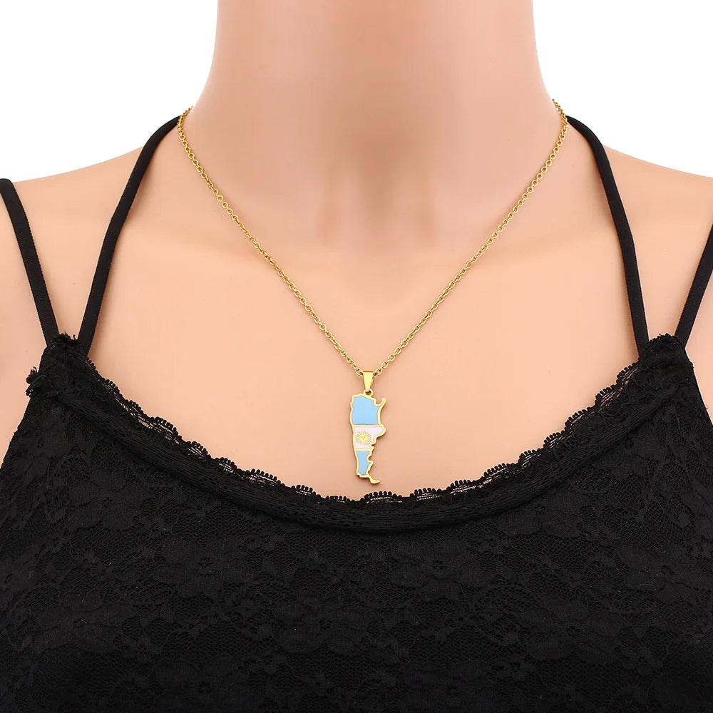 2024 new fashion stainless steel Argentina map and flag pendant necklace temperament everything collarbone chain birthday annive