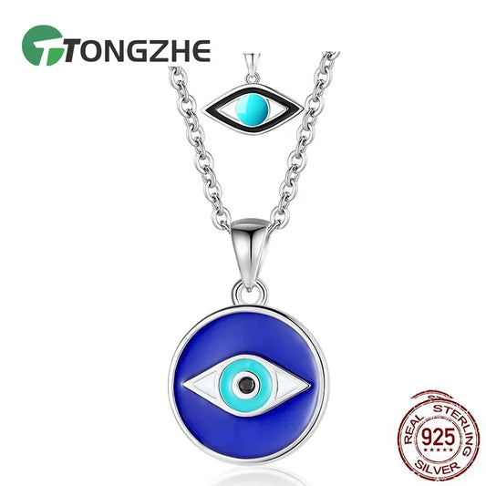 TONGZHE 925 Sterling Silver Pendant Necklace Women Jewelry Blue Stones Lucky Evil Eye Necklace Pave Turquoise Eye Turkey Jewelry