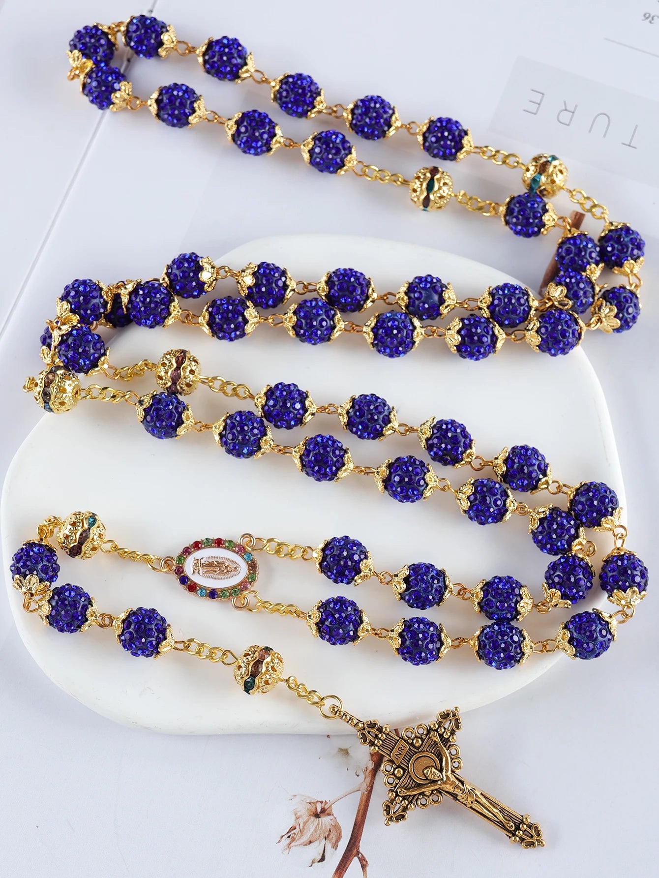 2025New Vintage Catholic 10mm 59 Crystal Rhinestone Beads Cross Necklace