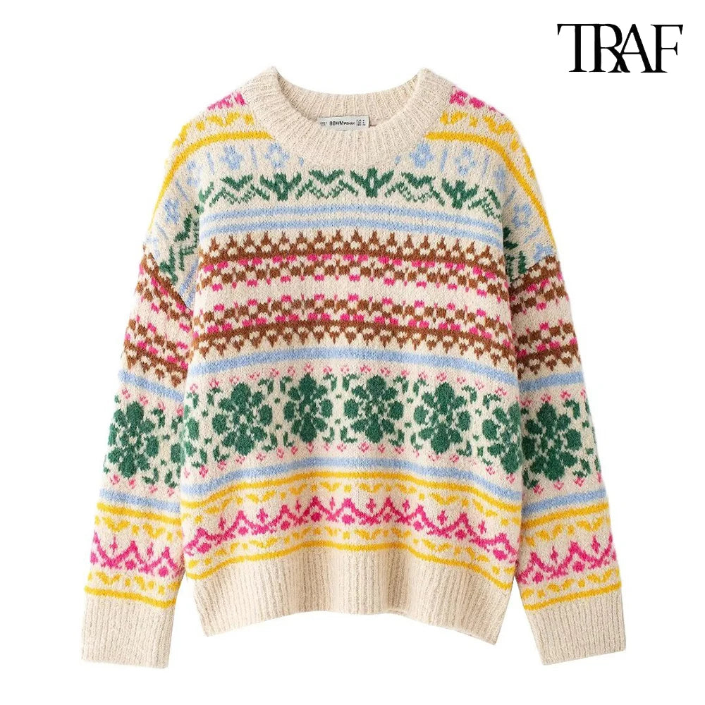 TRAF Women's Fashion 2024 Autumn and Winter Casual Loose Long Sleeve Round Neck Color-Collision Jacquard Knit Christmas Sweater