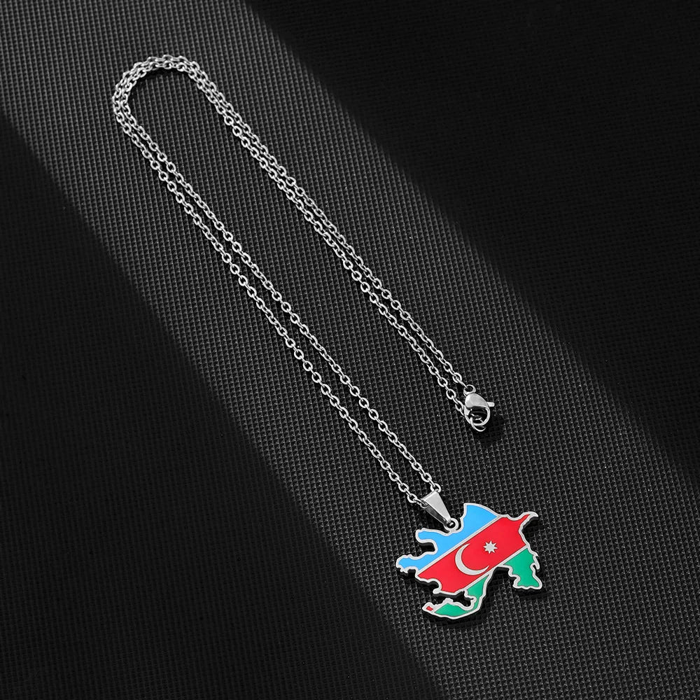 2024 new fashion stainless just Azerbaijan map with flag pendant necklace temperament everything collarbone chain birthday anniv