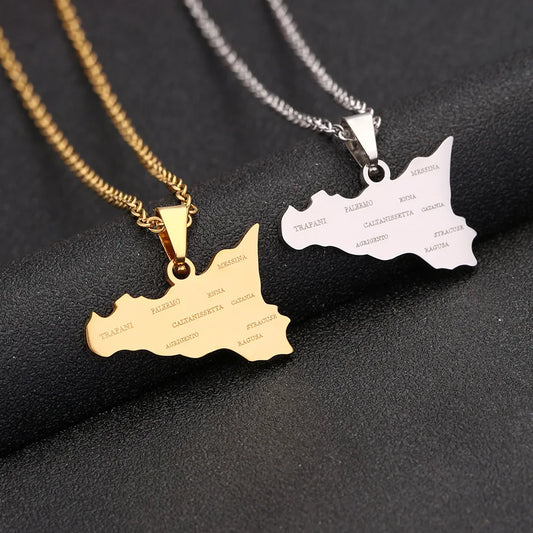 2024 new fashion stainless steel Sicily map and city pendant necklace temperament all collars chain birthday anniversary small g