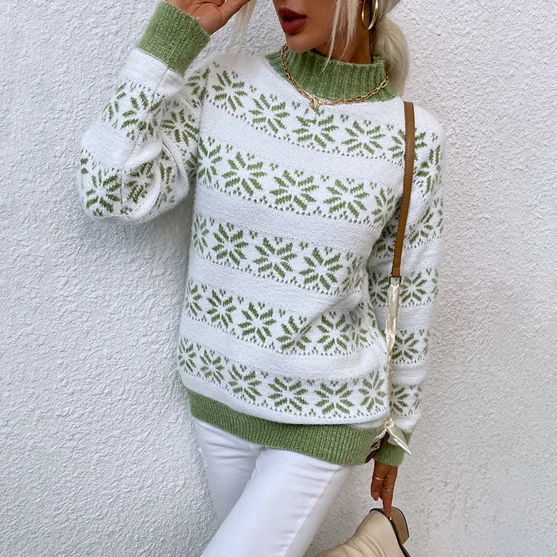 2025 Christmas Jumpers Women Mock Neck Full Sleeve Sweater Snowflake Jacquard Knitwear Warm Thick Pullover Top Xmas Party Look