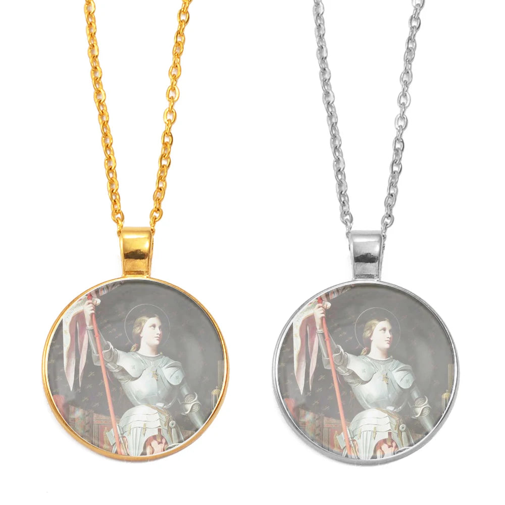 Anniyo Saint Joan of Arc,Patron Saint of France Glass Pendant Necklaces Women Men Jewelry,Maid of Orléans-Jeanne d'Arc #D0040