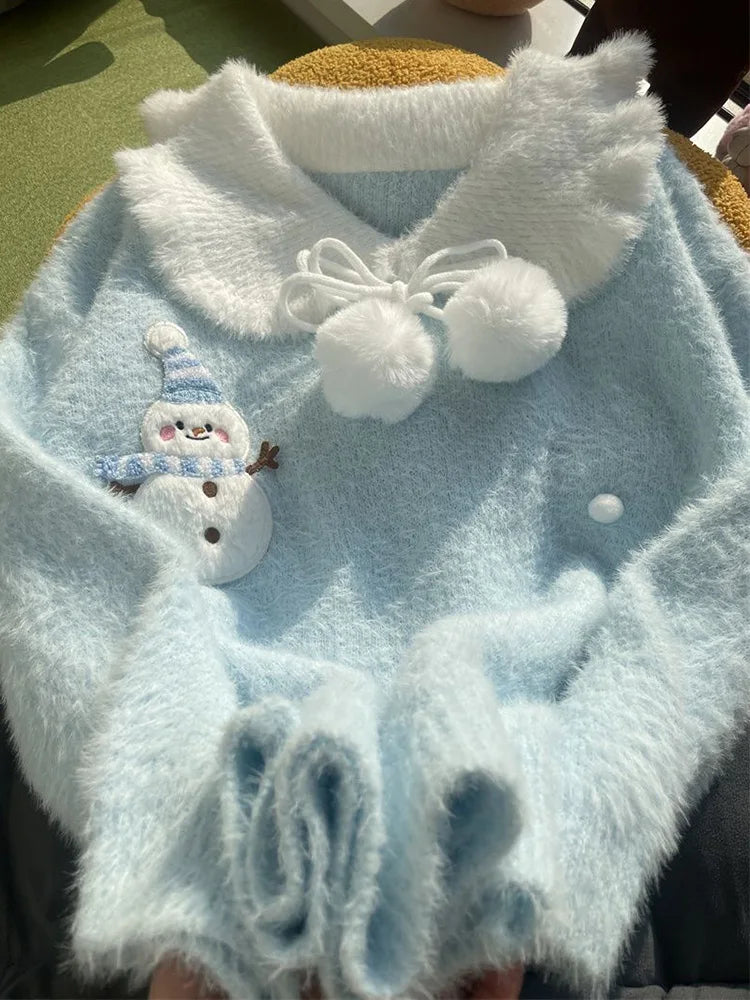 Sweet Faux Mink Cashmere Sweaters Women Kawaii Snowmen Long Sleeve Knitted Pullover Casual Cute Preppy Style Chic Loose Jumpers