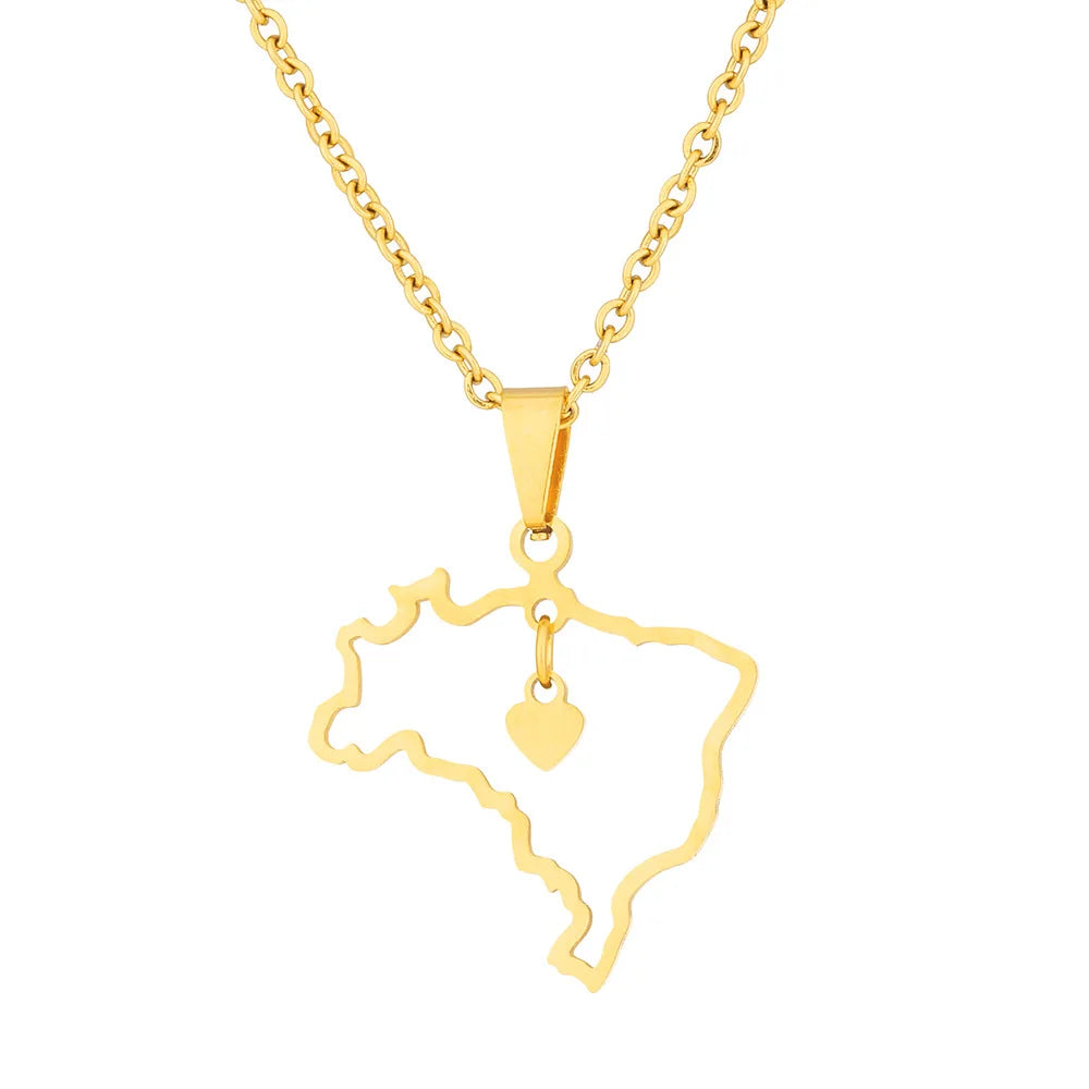 2024 new fashion stainless steel love Brazil map pendant necklace temperament everything collarbone chain birthday anniversary g