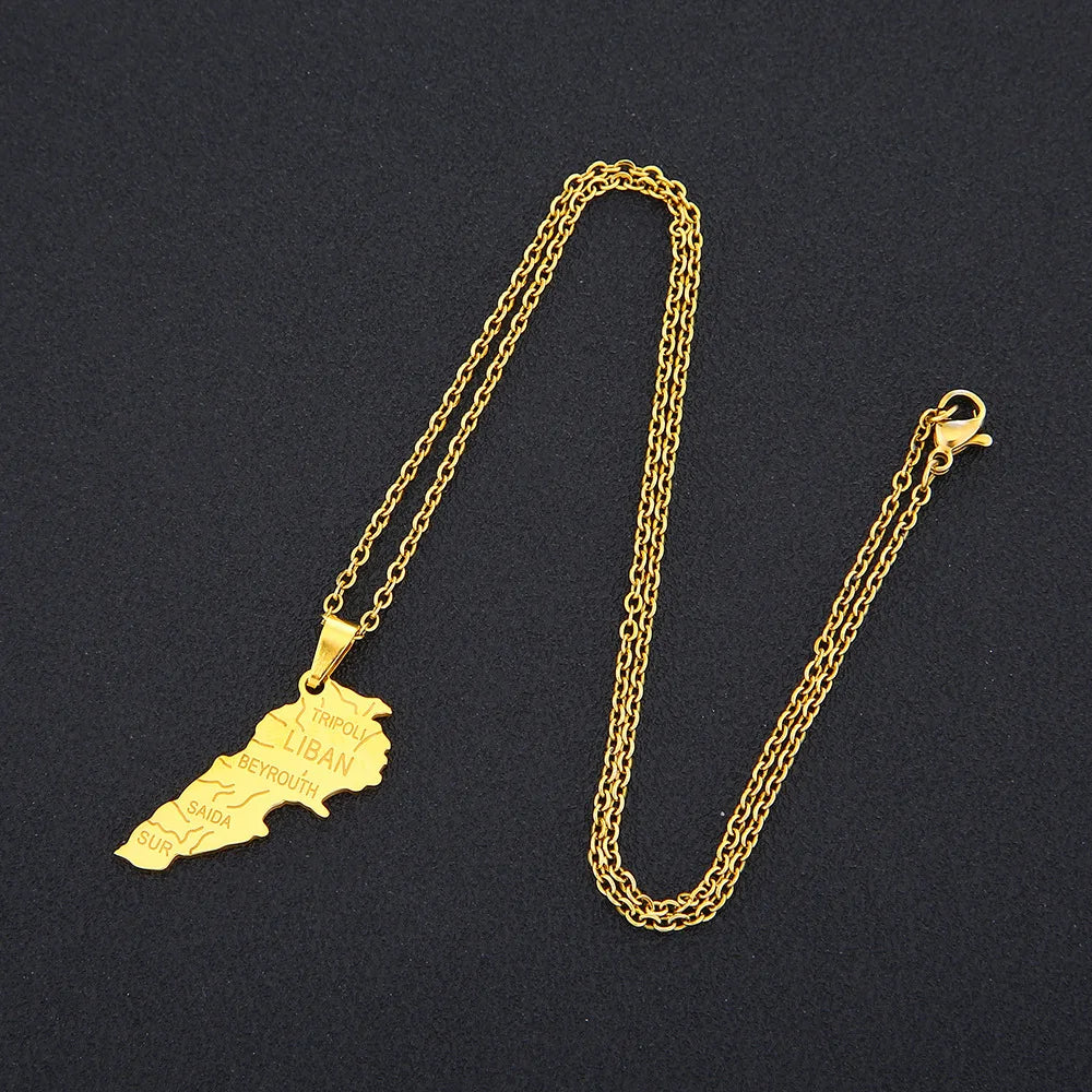 2024 New fashion stainless steel Lebanon map necklace for women and men couples ethnic style accessory collarbone chain annivers