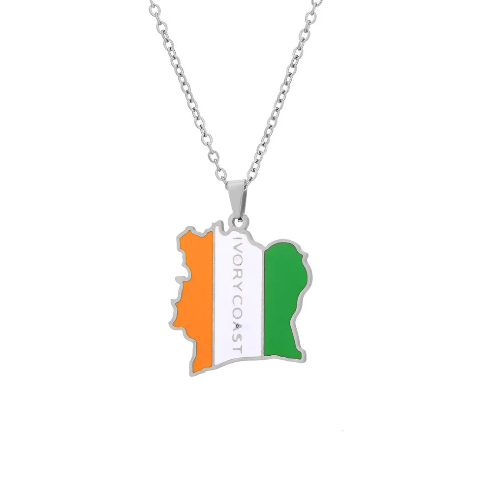 2024 new fashion stainless Cote d 'Ivoire map with flag pendant necklace temperament everything collarbone chain birthday annive