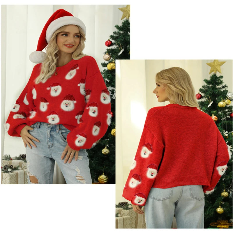 2024 Autumn and Winter New Christmas Outfit Old Man's Head Knitted Sweater European and American Women's Pullover Christmas