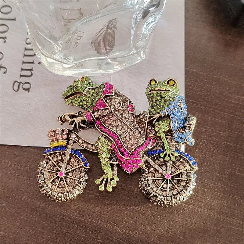 vintage jewelry retro heavy diamond frog prince bicycle brooch women accessories pin