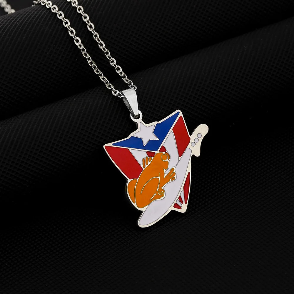2024 New fashion stainless steel vintage dripping stainless steel Puerto Rico flag pendant necklace temperament everything colla