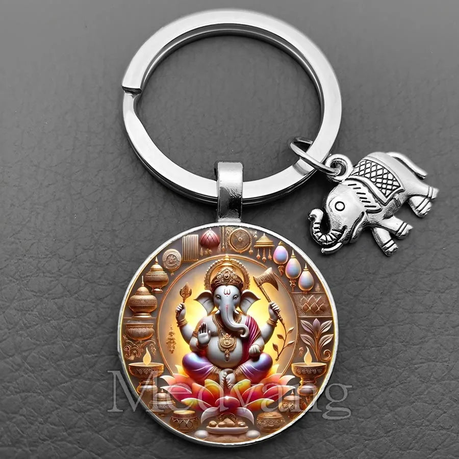 Sacred Elephant Ganesha Keychain Buddha keychain and key ring God Of Wealth Elephant glass key ring men and women bag decoration