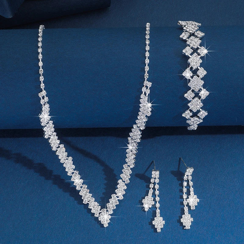 1Set Geometric Rhinestone Necklace Earrings Bracelet Kit Wedding Bride Jewelry Set Simple Tassel Sparkling Jewelry Set Gifts