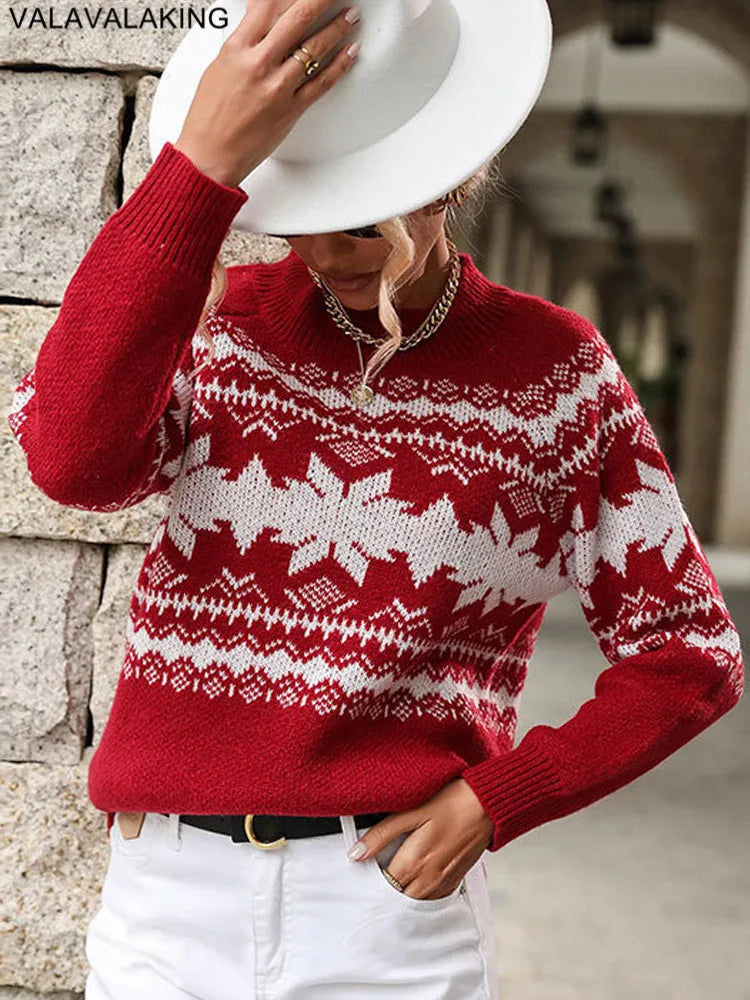 2025 Female Winter Casual Print Christmas Knitted Sweater Women O Neck Elegant Long Sleeve Pullover Autumn Lady Loose Jumper