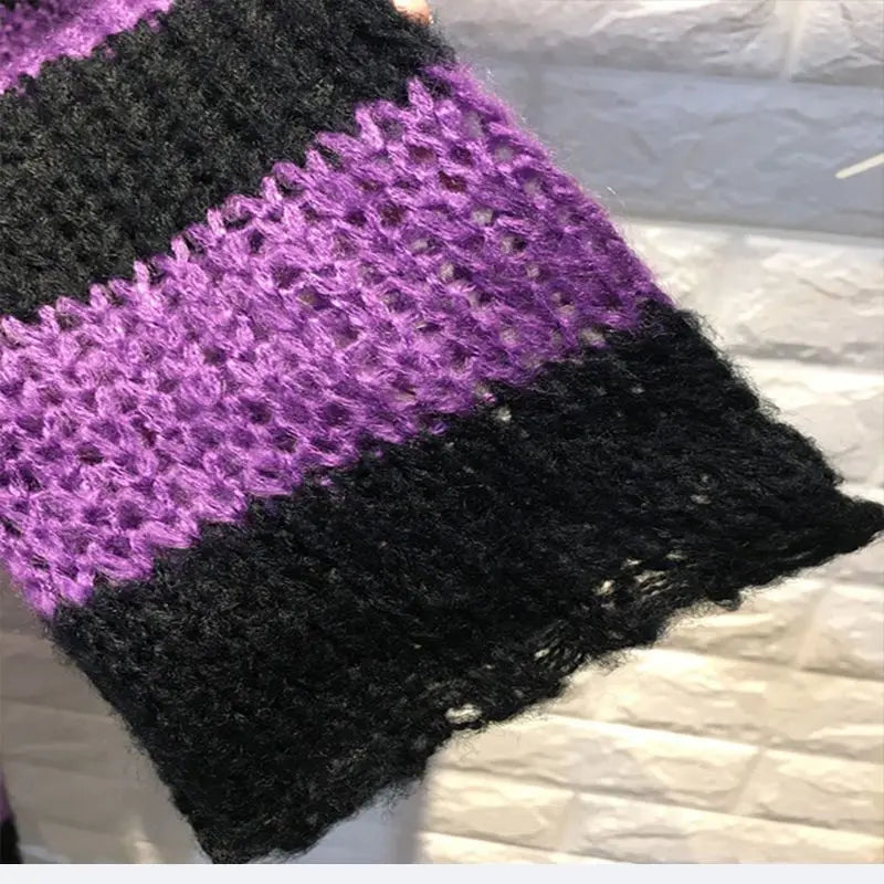 2024 Purple Striped Gothic Sweaters Women Ripped Holes Loose Knitted Pullover Frayed Fairy Grunge Jumpers Emo Streetwear Lolita