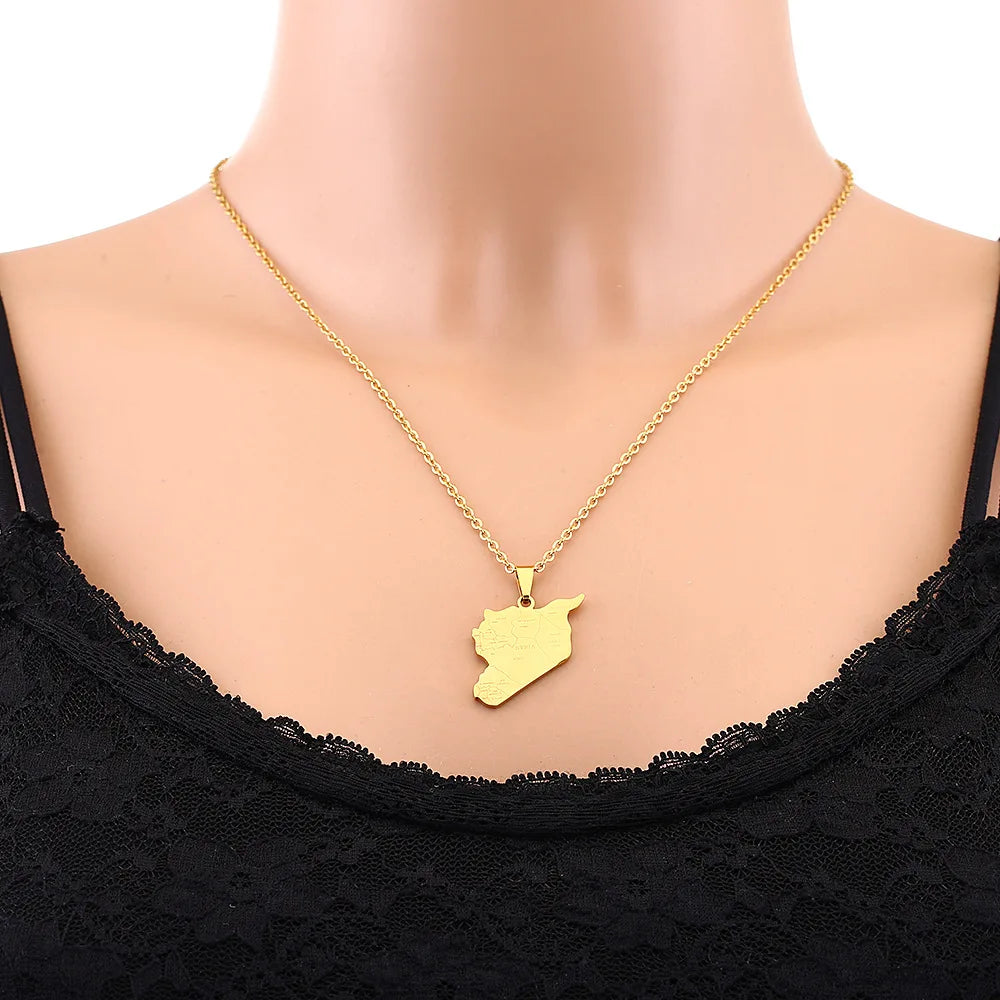 2024 new fashion stainless steel vintage Syria map with city pendant necklace temperament everything collarbone chain birthday a