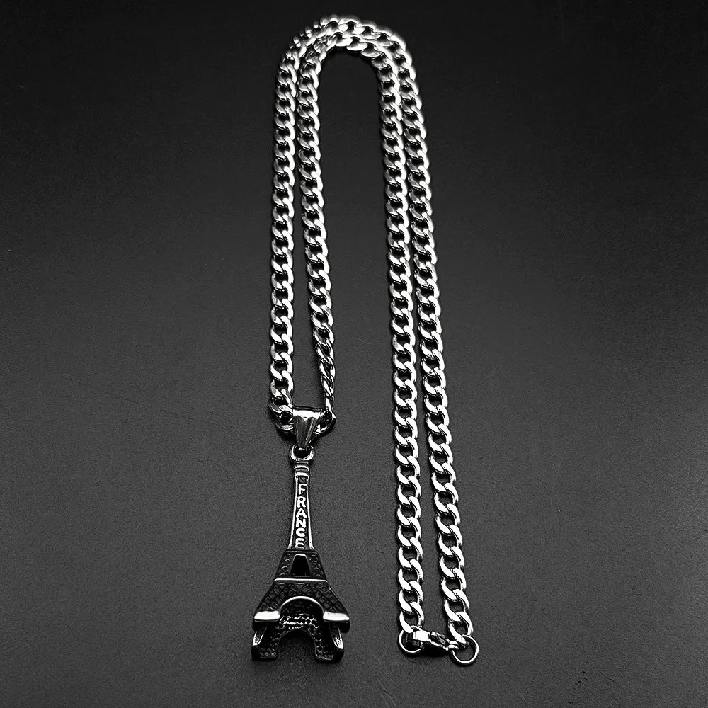 The new iconic Eiffel Tower Instagram fashion men's simple clothing paired with accessories, hip-hop pendants and sweater chains