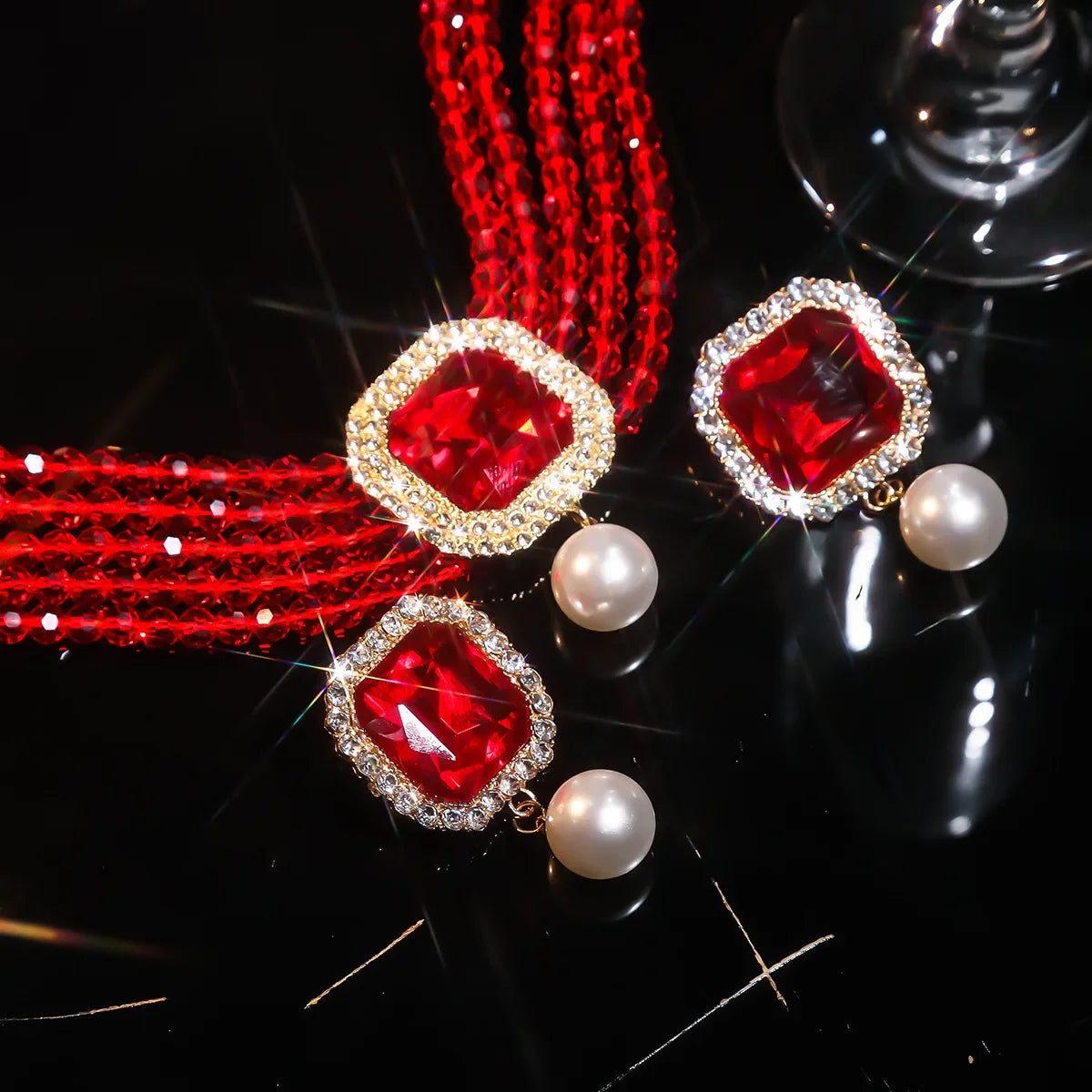 Vintage Multilayer Green Red Blue Black Crystal Necklace Geometric Square Pearl Earrings For Women Weddings Banquet Jewelry Sets