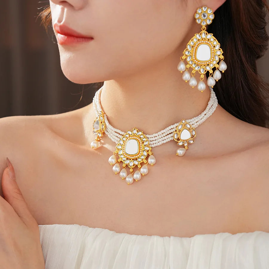 Vintage Light Luxury Wedding Jewelry Set for Women Water Drop Pearl Earrings Versatile High-end Retro Exaggerated Necklace