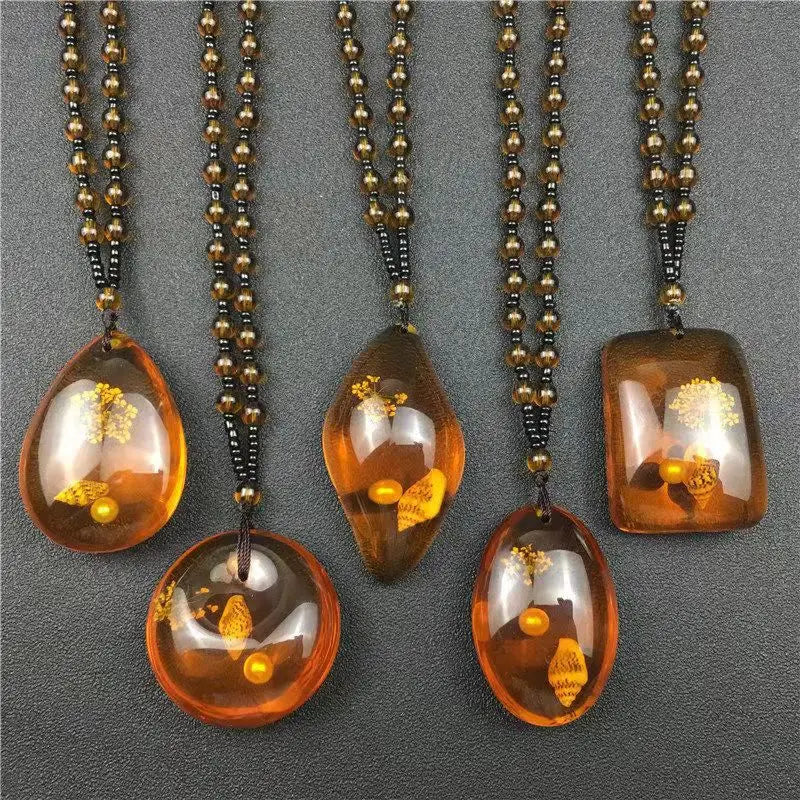 1pcs Imitation Amber Brine Beeswax Beads Necklace Honey Wax Brazilian Amber Necklace Handicraft National Style Pendant Ornaments