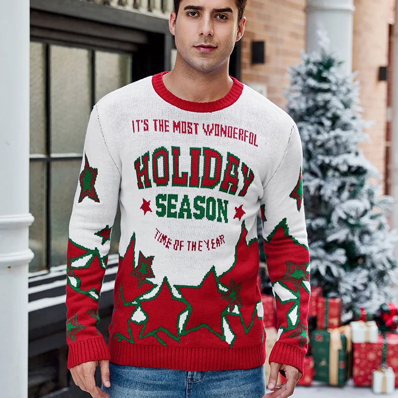 2025 Winter Christmas Men's Knitted Sweater Cartoon Print Full Sleeve O Neck Warm Soft Knitwear Adults Jumper Xmas Look Pullover