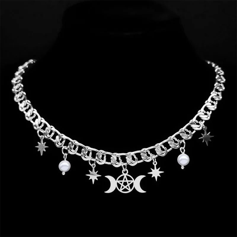 Witch Triple Moon Pentagrams Choker Necklace Stainless Steel Divination Necklaces Korean Aesthetic Jewelry collares N1729S02