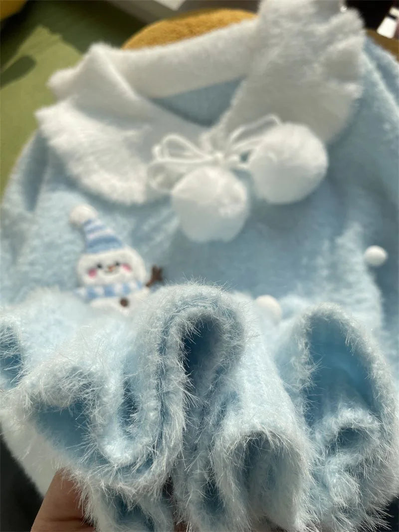 Sweet Faux Mink Cashmere Sweaters Women Kawaii Snowmen Long Sleeve Knitted Pullover Casual Cute Preppy Style Chic Loose Jumpers