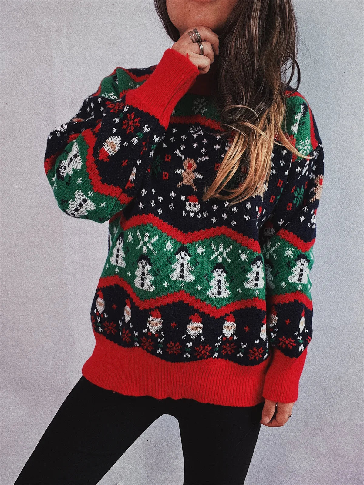 Sueter Mujer 2024 Korean Casual Christmas Sweater Women O Neck Spliced Jacquard Long Sleeves Knitwear Warm Pullover X686