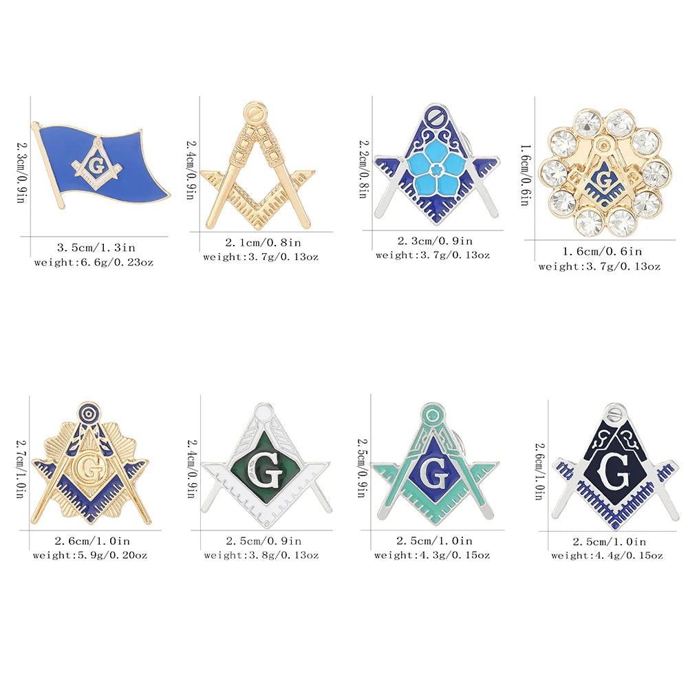 8 Styles Classic Masonic Symbols Enamel Brooches Funny Freemason Emblem Golden Pins