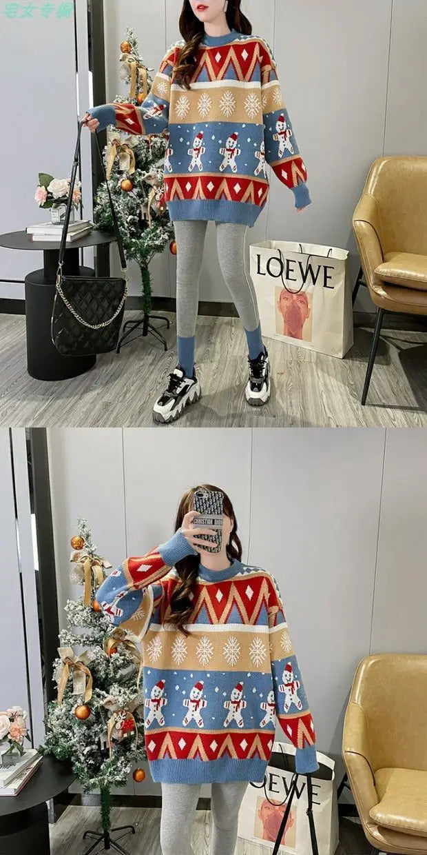 2025 Autumn Winter New Loose Oversized Sweater Women Christmas Snowflake Knitted Longline Thickened Pullover