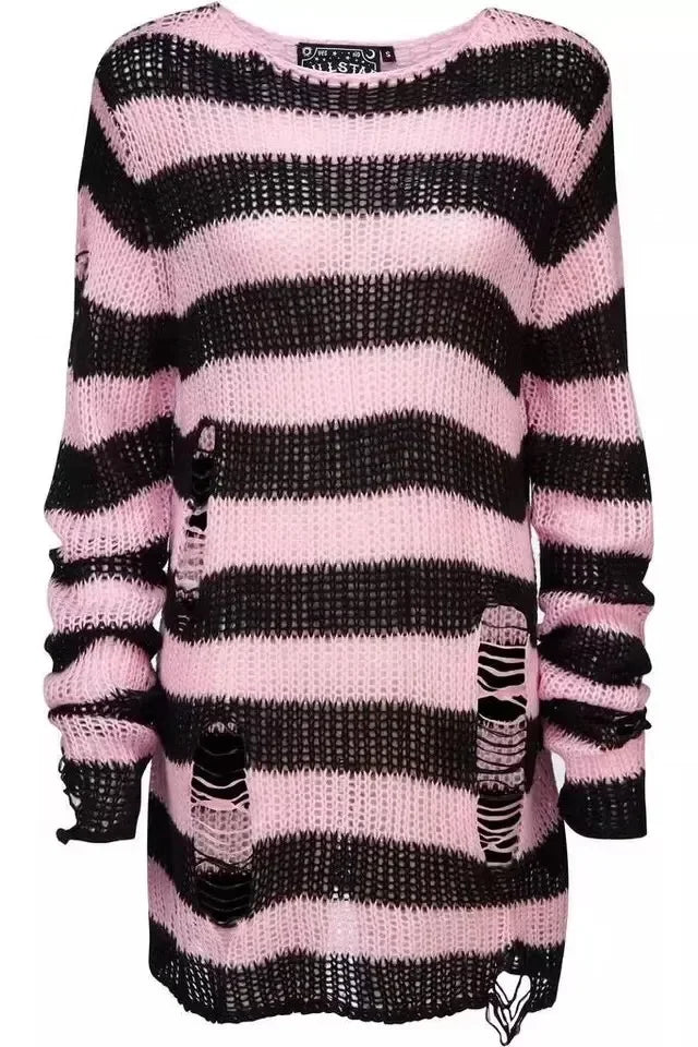 2024 Purple Striped Gothic Sweaters Women Ripped Holes Loose Knitted Pullover Frayed Fairy Grunge Jumpers Emo Streetwear Lolita