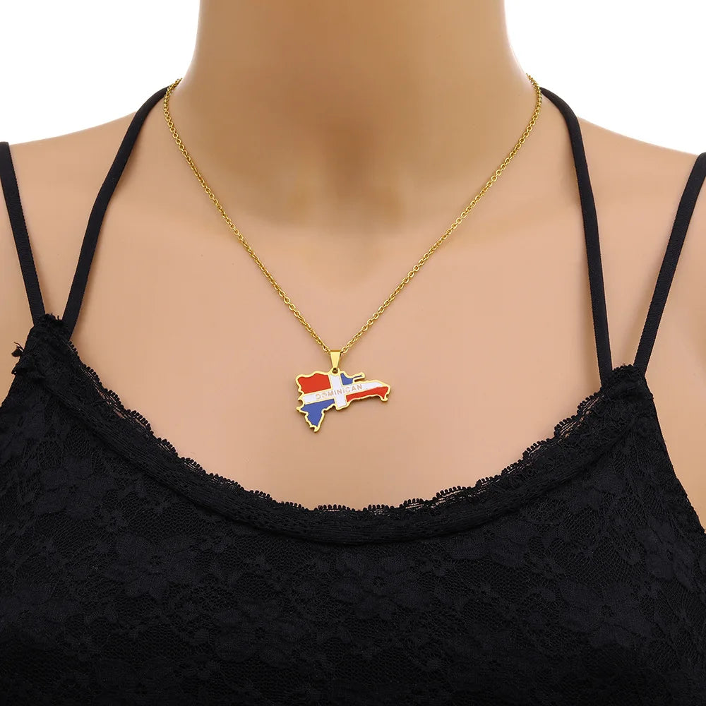 2024 New fashion Dominican map Titanium steel pendant necklace men and women's stainless steel couple necklace