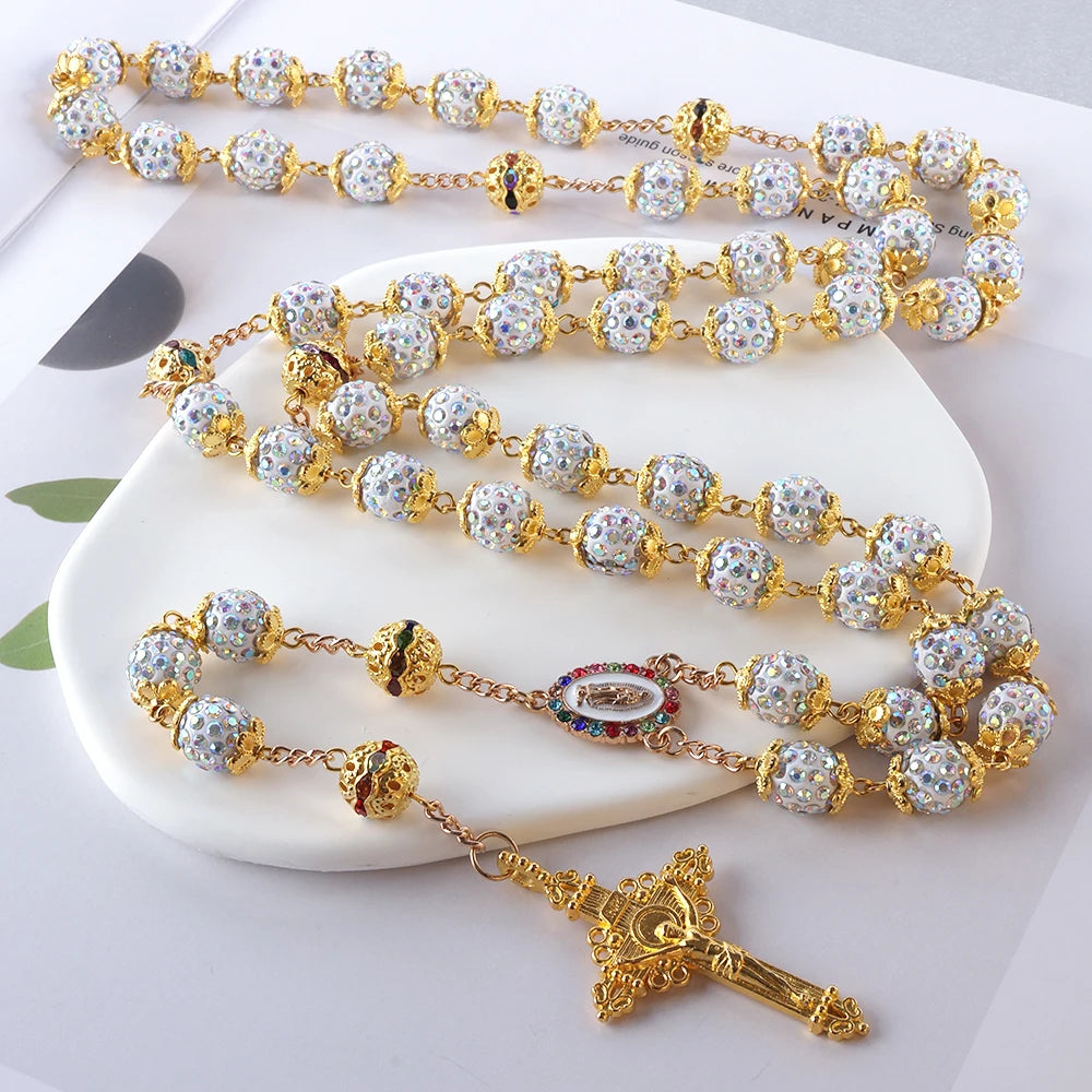 2025New Vintage Catholic 10mm 59 Crystal Rhinestone Beads Cross Necklace