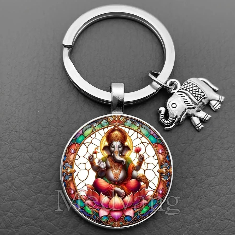 Sacred Elephant Ganesha Keychain Buddha keychain and key ring God Of Wealth Elephant glass key ring men and women bag decoration