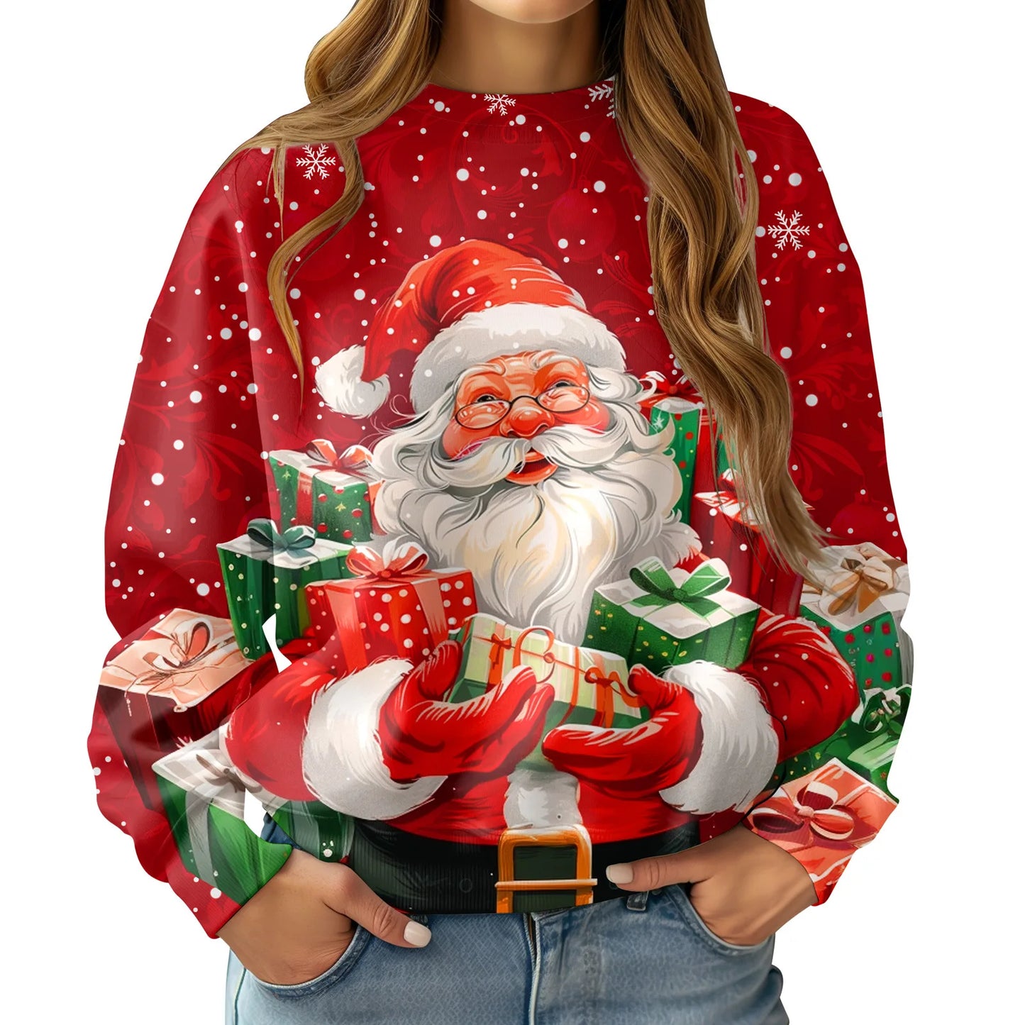 2025 European and American 3D digital printed women's hoodie Christmas snowman deer series round neck casual sweater