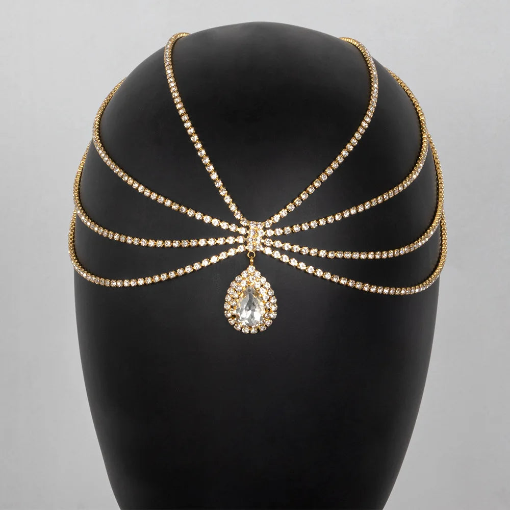 2024 Trend Bohemian Style Fashion Droplets Shine Rhinestone Headwear Wedding Bride Hair Chain And Ornamental Chain