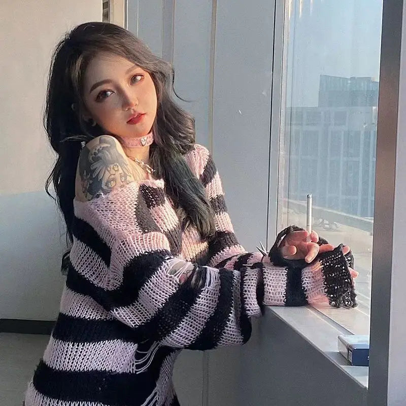 2024 Purple Striped Gothic Sweaters Women Ripped Holes Loose Knitted Pullover Frayed Fairy Grunge Jumpers Emo Streetwear Lolita