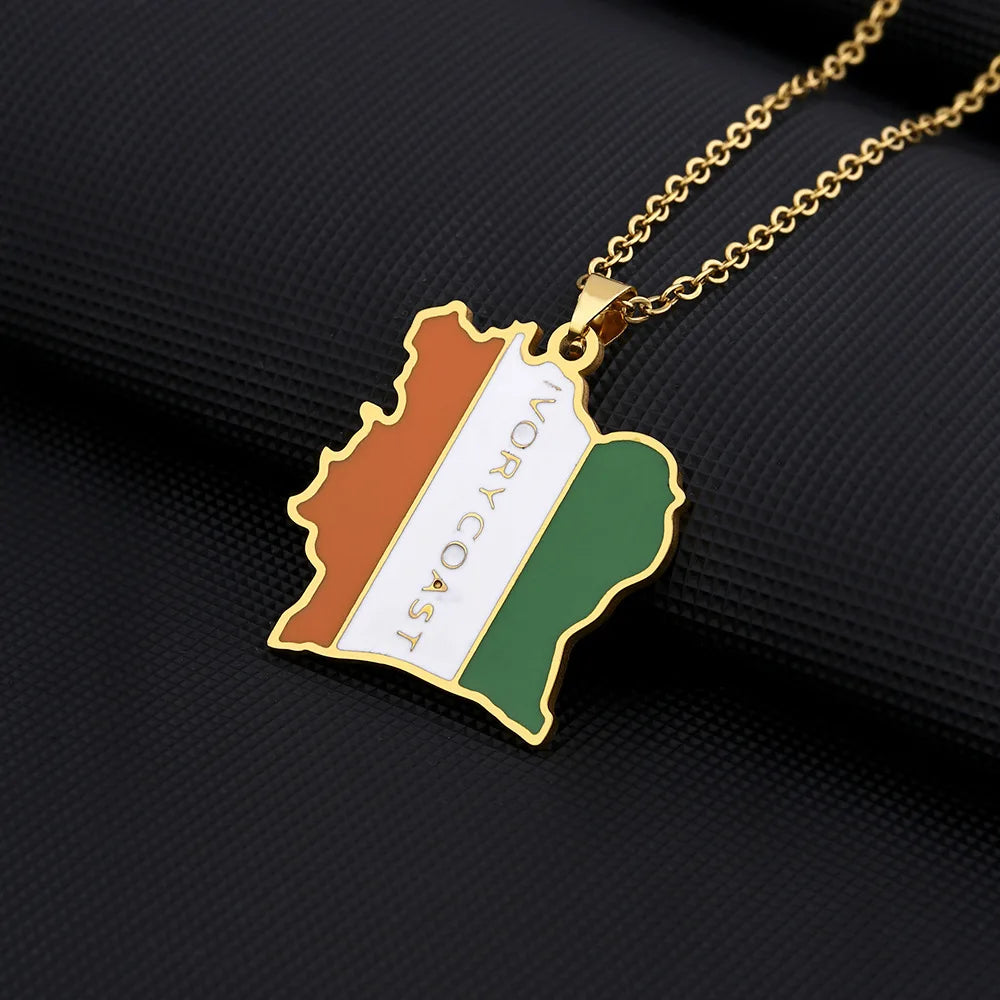 2024 new fashion stainless Cote d 'Ivoire map with flag pendant necklace temperament everything collarbone chain birthday annive