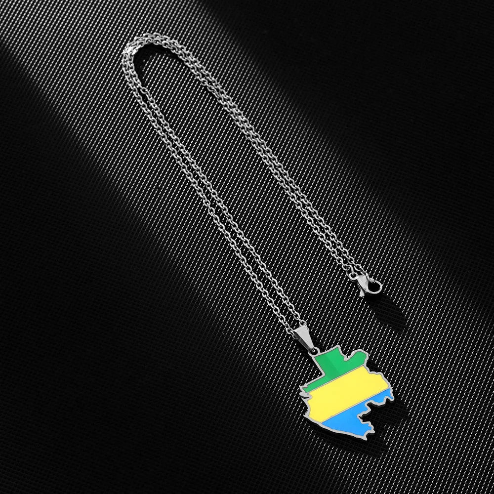 2024 new fashion stainless Gabon map flag pendant necklace temperament everything collarbone chain birthday anniversary gift