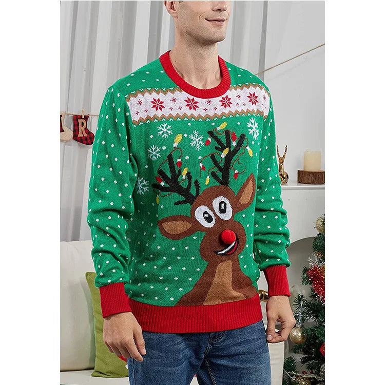 2025 Winter Mens Christmas Sweater Cute Elk Print Jacquard Knitwear Full Sleeve O Neck Knit Jumper Xmas Look Soft Warm Pullover