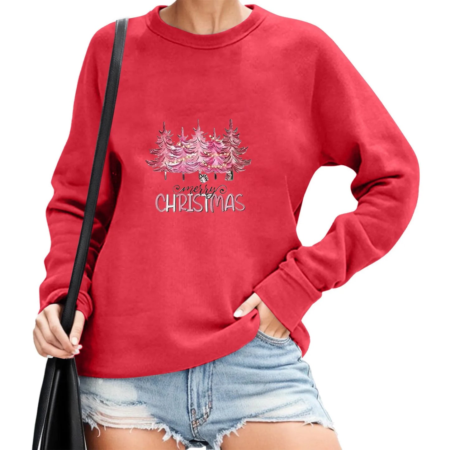 2024 Christmas Pullover Sweater Women's Winter Long Sleeve O-Neck Pullover Sweatshirts Funny Xmas Tree Print Graphic Sweater